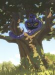 absurdres arbok closed_eyes cloud day fangs grass highres hyogonosuke in_tree no_humans open_mouth outdoors pokemon pokemon_(creature) sky sleeping snake solo tree 