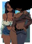  2girls absurdres afro asymmetrical_clothes bare_shoulders big_hair black-framed_eyewear black_hair border breasts brown_eyes cleavage collarbone covered_eyes crop_top curvy dark-skinned_female dark_skin denim denim_shorts detached_sleeves dreadlocks freckles front-tie_top gigi_(whoopsatro) glasses grey_hair hair_over_eyes hand_on_hip highres jeans large_breasts long_hair long_sleeves medium_breasts multiple_girls navel original outside_border pants photobomb semi-rimless_eyewear shorts single_pantsleg single_strap standing strapless symbol-only_commentary thighs under-rim_eyewear very_dark_skin viv_(whoopsatro) white_border whoopsatro wide_hips 