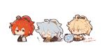  3boys aether_(genshin_impact) alternate_costume alternate_hairstyle antenna_hair bangs black_gloves blonde_hair chibi closed_eyes commentary_request diluc_(genshin_impact) electric_fan genshin_impact gloves grey_hair holding hood hood_down long_hair male_focus multiple_boys nnz parted_lips ponytail razor_(genshin_impact) red_hair scar scar_on_face simple_background smile sweat twitter_username upper_body white_background 