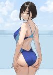  1girl ass ass_grab black_eyes black_hair blue_swimsuit competition_swimsuit cowboy_shot day looking_at_viewer non-web_source one-piece_swimsuit original outdoors photoshop_(medium) short_hair smile solo swimsuit yomu_(sgt_epper) 