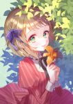  1girl axis_powers_hetalia blonde_hair bob_cut dress flower from_above green_eyes hatake_hukuro highres holding holding_flower juliet_sleeves leaf liechtenstein_(hetalia) long_sleeves looking_at_viewer own_hands_together puffy_sleeves shiny shiny_hair smile solo solo_focus striped striped_dress 