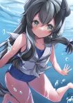  1girl absurdres artist_name bare_arms bare_legs bare_shoulders barefoot black_hair blue_swimsuit blush closed_mouth collarbone commentary_request dated eyebrows_visible_through_hair green_eyes grey_neckerchief hair_between_eyes headgear highres i-47_(kancolle) kantai_collection long_hair mashiro_yukiya neckerchief one-piece_swimsuit sailor_collar sailor_shirt school_swimsuit shirt sidelocks signature sleeveless sleeveless_shirt solo swimsuit white_sailor_collar 