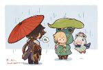  1girl 2boys aether_(genshin_impact) ahoge animal_hood bangs black_gloves black_pants blonde_hair braid chibi coat frog genshin_impact gloves green_coat hair_ornament halo holding holding_umbrella hood hood_up leaf_umbrella long_hair multiple_boys nnz oil-paper_umbrella paimon_(genshin_impact) pants rain raincoat single_braid smile standing symbol-only_commentary twitter_username umbrella vision_(genshin_impact) zhongli_(genshin_impact) 