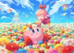  1girl :d ^_^ afloat blue_eyes blue_sky blush closed_eyes cloud cloudy_sky commentary_request day dress duplicate fairy fairy_wings field flower flower_field hair_ornament head_wreath hitotubosi kirby kirby_(series) kirby_64 long_sleeves nature open_mouth outdoors petals pink_hair pixel-perfect_duplicate red_ribbon ribbon ribbon_(kirby) short_hair sitting sky smile wings 