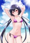  1girl armpits arms_up artist_name ass_visible_through_thighs beach bikini black_hair blush breasts counter:side dated highres lily_(counter:side) long_hair looking_at_viewer navel neko_huan outdoors presenting_armpit red_eyes small_breasts solo striped striped_bikini swimsuit wet 