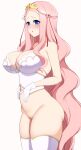  1girl :o blue_eyes blush bottomless breasts cleavage cleft_of_venus dantes_ward gloves hair_ribbon highres jewelry kuroinu_~kedakaki_seijo_wa_hakudaku_ni_somaru~ large_breasts long_hair navel open_mouth pink_hair prim_fiorire pussy revealing_clothes ribbon simple_background solo thighhighs very_long_hair white_background 