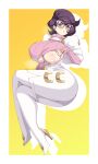  absurdres breasts cero_rains glasses green_eyes highres huge_breasts long_sleeves looking_at_viewer pink_sweater pokemon purple_hair short_hair sweater underboob wicke_(pokemon) wide_hips 