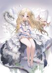  1girl :d absurdres bangs bare_legs blonde_hair blush breasts dress fang full_body grey_background hair_ornament highres long_hair looking_at_viewer mada_(shizhou) open_mouth original red_eyes shoes short_sleeves sitting slit_pupils small_breasts smile snake solo swept_bangs white_dress 