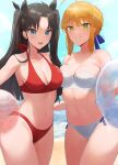  2girls absurdres ahoge artoria_pendragon_(fate) bangs bare_shoulders beach bikini black_hair blonde_hair blue_eyes blush breasts cleavage collarbone cowboy_shot eyebrows_visible_through_hair fate/stay_night fate_(series) green_eyes hair_ornament highres innertube large_breasts long_hair looking_at_viewer multiple_girls navel outdoors parted_bangs parted_lips red_bikini rororo see-through smile swimsuit thighs tohsaka_rin twintails water white_bikini 