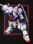  absurdres anime_coloring beam_saber black_border border english_commentary fourth_wall fritz_willie glowing glowing_eye gundam highres mecha mobile_suit mobile_suit_gundam no_humans outside_border photo-referenced rx-78-2 shield solo space yellow_eyes 