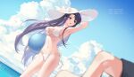  1girl 1other arm_up armpits ball bangs bare_shoulders beach beachball bikini black_hair blue_sky blurry blurry_foreground blush breasts cleavage cloud day depth_of_field dutch_angle front-tie_bikini front-tie_top gogatsu_fukuin hat highres holding large_breasts long_hair looking_at_viewer navel ocean open_mouth original out_of_frame outdoors purple_eyes side-tie_bikini sky solo_focus standing string_bikini sun_hat swimsuit very_long_hair white_bikini 