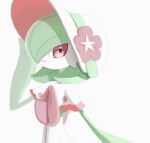  1girl adjusting_clothes adjusting_headwear arm_up bangs bob_cut bonnet capelet closed_mouth clothed_pokemon colored_skin commentary_request flat_chest flower gardevoir green_hair green_skin hair_over_one_eye happy hat hat_flower looking_at_viewer mogu_(mogu_mogu_um) multicolored_skin one_eye_covered pink_flower pink_trim pokemon pokemon_(creature) pokemon_(game) pokemon_unite red_eyes short_hair simple_background smile solo two-tone_skin upper_body white_background white_capelet white_headwear white_skin 