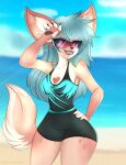  absurd_res annatasia_pereira_(oc) anthro beach blue_eyes blue_hair canid canine chainilla_(artist) clothing eyewear female fennec fox fur hair hand_on_head hand_on_hip hi_res inner_ear_fluff mammal seaside smile solo sunglasses swimwear tan_body tan_fur tuft water 