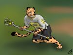 action_pose anthro baring_teeth bottomwear cheetah claws clothing felid feline hi_res jersey lacrosse lacrosse_ball lacrosse_stick male mammal nonny18675309 pose shorts solo teeth whiskers 