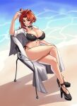  1girl absurdres beach bikini black_bikini black_choker black_footwear breasts chair choker cleavage closed_mouth crossed_legs full_body high_heels highres hiroshi_(beolcoyote) honkai_(series) honkai_impact_3rd jacket large_breasts murata_himeko outdoors red_hair sand short_sleeves sitting smile solo swimsuit towel water white_jacket yellow_eyes 