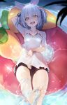  1girl :d animal_ears arm_behind_head armpits barefoot blue_hair carrot carrot_hair_ornament dress food-themed_hair_ornament hair_ornament harutask highres hololive inflatable_toy innertube medium_hair rabbit_ears red_eyes short_eyebrows short_twintails smile solo swimsuit toes twintails usada_pekora virtual_youtuber water 