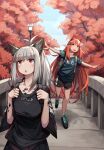  2girls :o absurdres animal_ears antenna_hair arknights backpack bag black_footwear black_shirt black_shorts black_skirt blue_sky blush bridge day demon_girl demon_horns demon_tail extra_ears forest fox_ears fox_girl frostleaf_(arknights) green_shirt grey_bag grey_hair highres horns lamppost long_hair multiple_girls nature open_mouth oripathy_lesion_(arknights) outdoors outstretched_arms pointy_ears ponytail red_eyes red_hair shirt shoes shorts skirt sky spread_arms t-shirt tail togekk0 very_long_hair vigna_(arknights) walking 