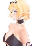  1girl absurdres bangs bare_shoulders black_dress blonde_hair blue_eyes blush breasts cleavage closed_mouth cosplay detached_collar dress eufrik highres hololive hololive_english large_breasts looking_away ninomae_ina&#039;nis ninomae_ina&#039;nis_(cosplay) short_hair simple_background smile solo strapless strapless_dress upper_body virtual_youtuber watson_amelia white_background 