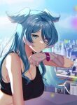  1girl absurdres aqua_eyes aqua_hair breasts city cityscape cleavage cloud elira_pendora gloves head_wings heterochromia highres jellen_aura large_breasts long_hair looking_at_viewer nijisanji nijisanji_en pink_eyes single_glove sky solo sports_bra sweat upper_body 