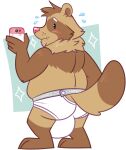  2022 anthro blush brown_body bulge butt canid canine cellphone clothing goronic hi_res humanoid_hands male mammal overweight overweight_male phone pink_nose raccoon_dog smartphone solo tanuki underwear 