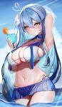  1girl absurdres ahoge arm_behind_head arm_up armpits bangs bikini bikini_skirt blue_hair blue_skirt blue_sky blush breasts closed_mouth cloud cowboy_shot cup day drink drinking_glass drinking_straw flower food fruit hair_between_eyes heart heart_ahoge highres holding holding_cup holding_drink hololive ice ice_cube lamium_(artist) large_breasts long_hair looking_at_viewer navel o-ring o-ring_bikini orange_(fruit) orange_slice outdoors sailor_collar side-tie_bikini skindentation skirt sky solo stomach swimsuit thighs very_long_hair virtual_youtuber wading water wet white_flower yellow_eyes yukihana_lamy 