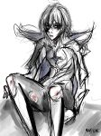  absurdres blood bruise depressed genshin_impact greyscale highres injury male_focus monochrome sad short_hair sitting torn_clothes 