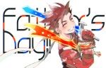  1boy background_text blush brown_hair closed_eyes father&#039;s_day gloves gotou_(pixiv37128) grin holding holding_sword holding_weapon jacket lloyd_irving looking_at_viewer male_focus red_gloves red_jacket simple_background smile solo spiked_hair sword tales_of_(series) tales_of_symphonia upper_body weapon white_background 