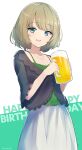  1girl beer_mug blue_eyes blush bob_cut camisole cup green_camisole green_eyes green_hair happy_birthday heterochromia highres holding holding_cup idolmaster idolmaster_cinderella_girls jewelry kiimo looking_at_viewer mole mole_under_eye mug necklace skirt smile solo takagaki_kaede white_skirt 