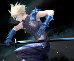  1boy armor bandaged_arm bandages bare_shoulders black_gloves blonde_hair blue_eyes blue_gloves closed_mouth cloud_strife cofffee dust dust_cloud earrings eyebrows_visible_through_hair final_fantasy final_fantasy_vii frown gloves holding holding_sword holding_weapon jewelry male_focus original pauldrons screw serious shoulder_armor single_bare_shoulder single_earring single_pauldron solo spiked_hair stud_earrings sword vambraces weapon 