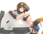  1girl :d arknights bangs bare_shoulders bikini black_bikini black_gloves black_hair blush breasts closed_eyes cowboy_shot eunectes_(arknights) eyebrows_behind_hair fang gloves goggles goggles_on_head highres hug io_(io_oekaki) lancet-2_(arknights) medium_breasts open_mouth pointy_ears short_hair sideboob simple_background skin_fang smile snake_tail swimsuit tail thigh_strap tinted_eyewear torn_bikini white_background yellow-tinted_eyewear 