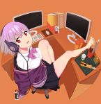  1girl absurdres barefoot black_skirt breasts eyebrows_visible_through_hair feet_on_table gridman_universe highres jacket keyboard_(computer) knife large_breasts light_purple_hair long_sleeves looking_at_viewer miniskirt monitor mouse_(computer) off_shoulder open_mouth paintbrush pleated_skirt purple_jacket red_eyes semham shinjou_akane shirt short_hair sitting skirt solo spread_toes ssss.gridman swivel_chair toes white_shirt 