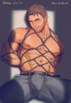  1boy abs arms_behind_back artist_name bara bdsm belt black_belt bondage bound bound_arms character_name chris_redfield crotch_rope dated facial_hair grey_pants highres large_pectorals looking_at_viewer male_focus miltonzheng muscular muscular_male navel nipples pants pectorals resident_evil resident_evil_5 restrained rope shibari short_hair smile solo teeth topless_male 