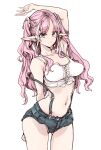  1girl ass_visible_through_thighs bare_shoulders blue_eyes collarbone endou_okito highres long_hair navel no_bra original parted_lips pink_hair pointy_ears simple_background solo standing suspenders thigh_gap twintails wavy_hair white_background wide_hips 