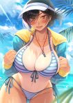  1girl bikini black_hair blush breasts collarbone eyebrows_visible_through_hair hat highres himamo huge_breasts midriff navel original red_eyes short_hair smile solo striped striped_bikini swimsuit tan tanlines wet whistle whistle_around_neck 