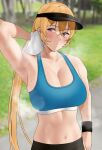  1girl arm_behind_head arm_up armpits bangs black_headwear black_pants blonde_hair blue_sports_bra blurry blurry_background blush breasts breath cleavage crossed_bangs exercise grass hair_between_eyes highres holding holding_towel large_breasts long_hair looking_to_the_side midriff nakiri_erina navel outdoors pants ponytail purple_eyes revision rinrin_(user_tvcf4347) shokugeki_no_souma skindentation solo sports_bra steaming_body stomach sweat towel tree upper_body visor_cap wiping_sweat wristband 