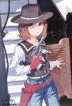  1girl artist_name belt belt_buckle black_vest brown_hair brown_headwear buckle building commission cowboy_hat cowboy_shot cowboy_western day denim gloves gun hat highres holding holding_gun holding_weapon horns jeans junshiki long_sleeves looking_at_viewer open_mouth original outdoors pants purple_eyes red_gloves saloon_doors shirt short_hair signature single_horn smoke smoking_gun solo trigger_discipline vest weapon white_shirt 