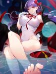  1girl bangs bare_shoulders bat_wings bb_(fate) bb_(swimsuit_mooncancer)_(fate) black_coat breasts coat fate/grand_order fate_(series) gloves hair_ribbon highleg highleg_leotard highres large_breasts leotard long_hair looking_at_viewer neck_ribbon open_clothes open_coat popped_collar purple_hair red_eyes red_ribbon ribbon smile solo thighs tongue tongue_out vane_(vane0) very_long_hair water white_gloves white_leotard wings 