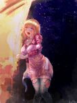  1girl bangs black_legwear blonde_hair blue_eyes breasts cleavage commentary_request dress eyebrows_visible_through_hair feet_out_of_frame large_breasts long_hair long_sleeves looking_at_viewer messy_hair monica_(romancing_saga_3) open_mouth pink_dress red_shirt reihou19 romancing_saga_3 saga shirt short_dress solo thighhighs torn_clothes torn_legwear 