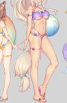  2girls animal_ear_fluff animal_ears arm_strap azuki_(nekopara) ball beachball bell bikini blonde_hair breasts brown_hair cat_ears cat_tail coconut_(nekopara) collar commentary_request covered_nipples flip-flops grey_background head_out_of_frame heart heart_hands heart_hands_duo highres innertube jingle_bell large_breasts long_hair multiple_girls navel neck_bell nekopara parted_lips sandals sayori_(neko_works) short_hair sidelocks simple_background smile stomach swimsuit tail tail_scrunchie thigh_strap toned 