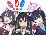  3girls :3 :d animal_ears bangs black_hair blazer blue_archive bow bowtie brown_eyes cat_ears cat_girl claw_pose collared_shirt commentary_request crossover detached_sleeves eyebrows_visible_through_hair eyes_visible_through_hair fake_animal_ears green_eyes hair_between_eyes hair_bow hair_ribbon hairband halo highres jacket k-on! karyl_(princess_connect!) long_hair long_sleeves looking_at_viewer low_twintails multicolored_hair multiple_crossover multiple_girls nakano_azusa necktie parted_lips paw_pose princess_connect! red_eyes ribbon school_uniform serika_(blue_archive) shirt sidelocks simple_background smile streaked_hair sweatdrop trait_connection triangle_mouth twintails two-tone_gloves v-shaped_eyebrows white_background xion_(pulilulu) 