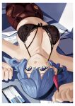  1girl absurdres ako_(blue_archive) armpits bangs bare_shoulders black_bra black_panties blue_archive blue_hair bra breasts cleavage closed_mouth collarbone earrings eyebrows_visible_through_hair from_above garter_belt garter_straps haerge hair_between_eyes hairband highres jewelry lace-trimmed_bra lace_trim large_breasts long_hair looking_at_viewer lying navel panties pantyhose purple_eyes smile solo torn_clothes torn_legwear underwear underwear_only 