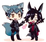  2boys :d ^_^ animal_ear_fluff animal_ears animal_request arm_behind_back bags_under_eyes black_footwear black_gloves black_hair black_jacket black_necktie black_pants black_suit blue_hair brown_eyes chibi closed_eyes collared_shirt constantine_xi_(fate) earrings extra_ears fate/grand_order fate_(series) flower_(symbol) formal full_body glasses gloves gradient_fur hair_between_eyes hand_to_own_mouth jacket jewelry kemonomimi_mode male_focus multiple_boys necktie open_hand pants red_gloves red_vest saitou_hajime_(fate) shirt short_hair simple_background smile spiked_hair suit suit_jacket tail touma_rui vest white_background white_shirt 