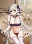  1girl azur_lane bangs bare_arms bare_shoulders black_bra black_nails black_panties bra breasts closed_mouth collarbone couch ddsssaaa detached_collar eyebrows_visible_through_hair formidable_(azur_lane) gothic_lolita grey_hair hair_ribbon highres indoors lace-trimmed_legwear lace_trim large_breasts lolita_fashion long_hair looking_at_viewer navel panties red_eyes ribbon sitting skindentation smile solo stomach thighhighs twintails underwear underwear_only very_long_hair white_legwear window 