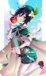  1boy androgynous apple bangs beret black_hair blue_hair bow braid brooch cape cloud cloudy_sky collared_cape collared_shirt commentary_request corset day diamond_(shape) feathers flower food frilled_sleeves frills fruit gem genshin_impact gradient_hair green_cape green_eyes green_headwear green_shorts grin hair_flower hair_ornament hat highres holding holding_food holding_fruit holding_instrument ikake_(ikaika8) instrument jewelry leaf long_sleeves looking_at_viewer lyre male_focus multicolored_hair outdoors pantyhose shirt shoes short_hair_with_long_locks shorts side_braids sidelocks sky smile solo twin_braids venti_(genshin_impact) vision_(genshin_impact) white_flower white_legwear white_shirt 