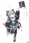  1girl :o animal_ears arknights arm_up black_collar black_jacket black_legwear black_ribbon blue_eyes book cat_ears cat_girl collar dress full_body grey_hair hair_between_eyes hair_ribbon highres holding holding_scepter infection_monitor_(arknights) jacket long_hair long_sleeves mint_(arknights) open_clothes open_jacket open_mouth paper reaching_out ribbon scepter soda_(sod4) solo standing standing_on_one_leg thighhighs white_background white_dress 