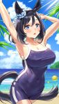  1girl absurdres animal_ears armpits arms_up black_hair blue_eyes bob_cut breasts cleavage covered_navel ear_ornament ear_ribbon ear_scrunchie eishin_flash_(umamusume) highres horse_ears horse_girl horse_tail looking_at_viewer mikumo_(lpmkookm) open_mouth short_hair solo swimsuit tail umamusume wet wet_clothes wet_swimsuit 