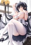  1girl arm_up azur_lane bangs black_footwear black_hair blush breasts chinese_commentary commentary_request crossed_legs feet_out_of_frame frilled_pillow frills green_eyes hair_between_eyes hand_in_own_hair hand_up high_heels highres indomitable_(azur_lane) indomitable_(ms._motivationless_maid)_(azur_lane) k.t.cube large_breasts long_hair looking_at_viewer maid manjuu_(azur_lane) official_alternate_costume panties pasties pillow shoe_dangle solo thighhighs underwear very_long_hair white_legwear white_panties 