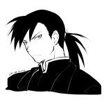  1boy 2022 closed_mouth cropped_torso dated frown fullmetal_alchemist greed_(fma) greyscale highres long_hair looking_at_viewer male_focus mini_(pixiv6327751) monochrome ponytail portrait simple_background sketch solo white_background 