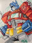  1boy artist_name autobot blue_eyes clenched_hands dated highres looking_ahead mecha optimus_prime science_fiction solo traditional_media transformers tsushima_naoto 