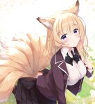  1girl absurdres animal_ear_fluff animal_ears bangs black_bow black_legwear black_skirt blonde_hair bow breasts brown_jacket closed_mouth collared_shirt commentary_request dress_shirt eyebrows_visible_through_hair fox_ears fox_girl fox_tail fuuna hair_between_eyes hand_up highres jacket kneeling kyuubi leaning_forward long_hair long_sleeves looking_at_viewer medium_breasts multiple_tails open_clothes open_jacket original pantyhose pleated_skirt purple_eyes shirt skirt smile solo tail tail_through_clothes white_shirt 